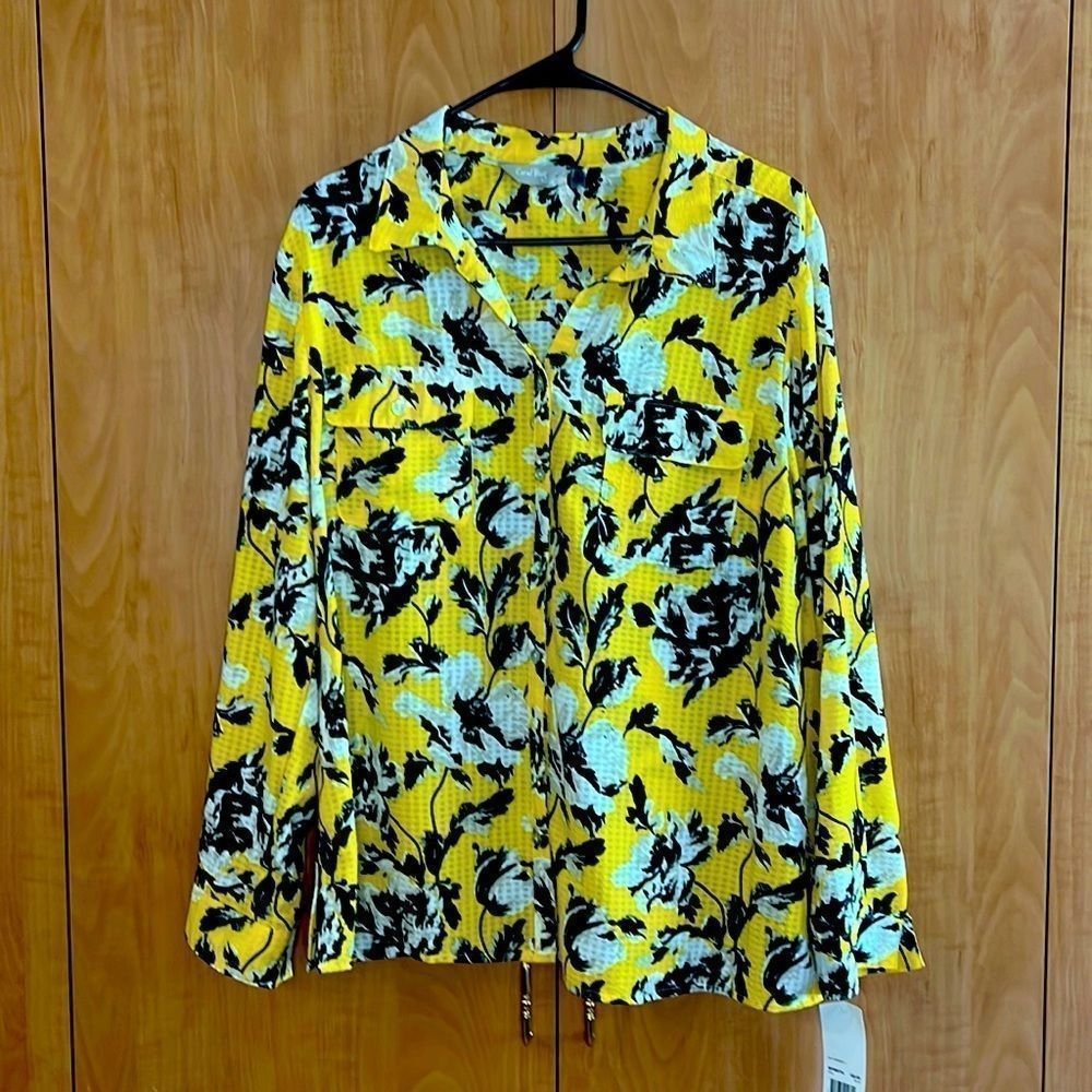 Coral Bay Yellow Black and White floral print long sleeve button down shirt NWTs